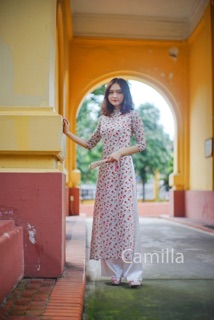 Set áo dài hoa nhí màu cam