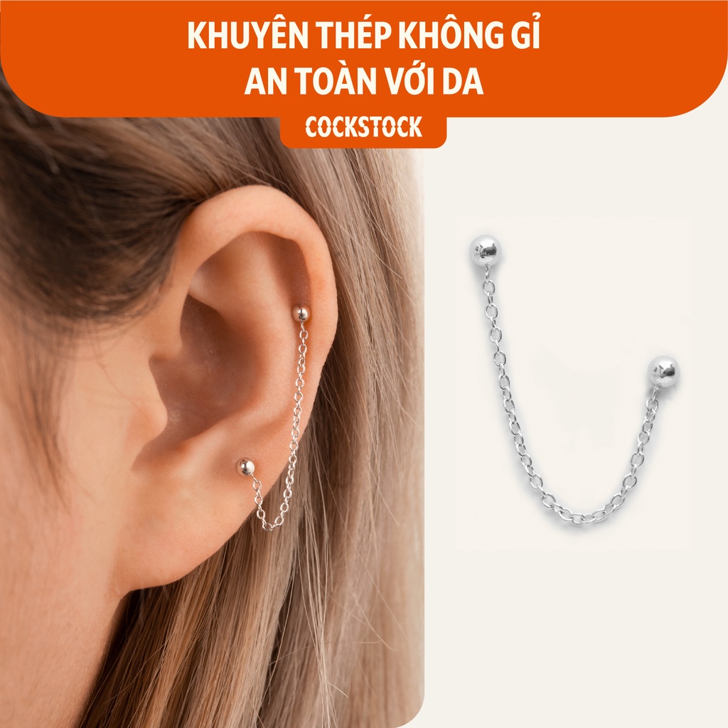 Khuyên tai xích Simple Double Stud w Chain CockStock