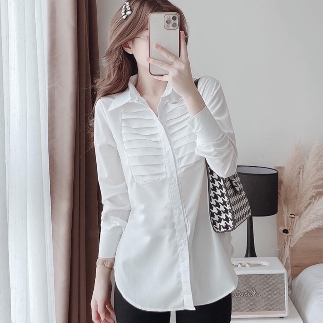 Áo sơ mi nữ dài tay form rộng kiểu sơmi màu trắng đẹp thời trang công sở đi học - Áo Sơ Mi Trắng Học Sinh Nữ đuôi tôm
