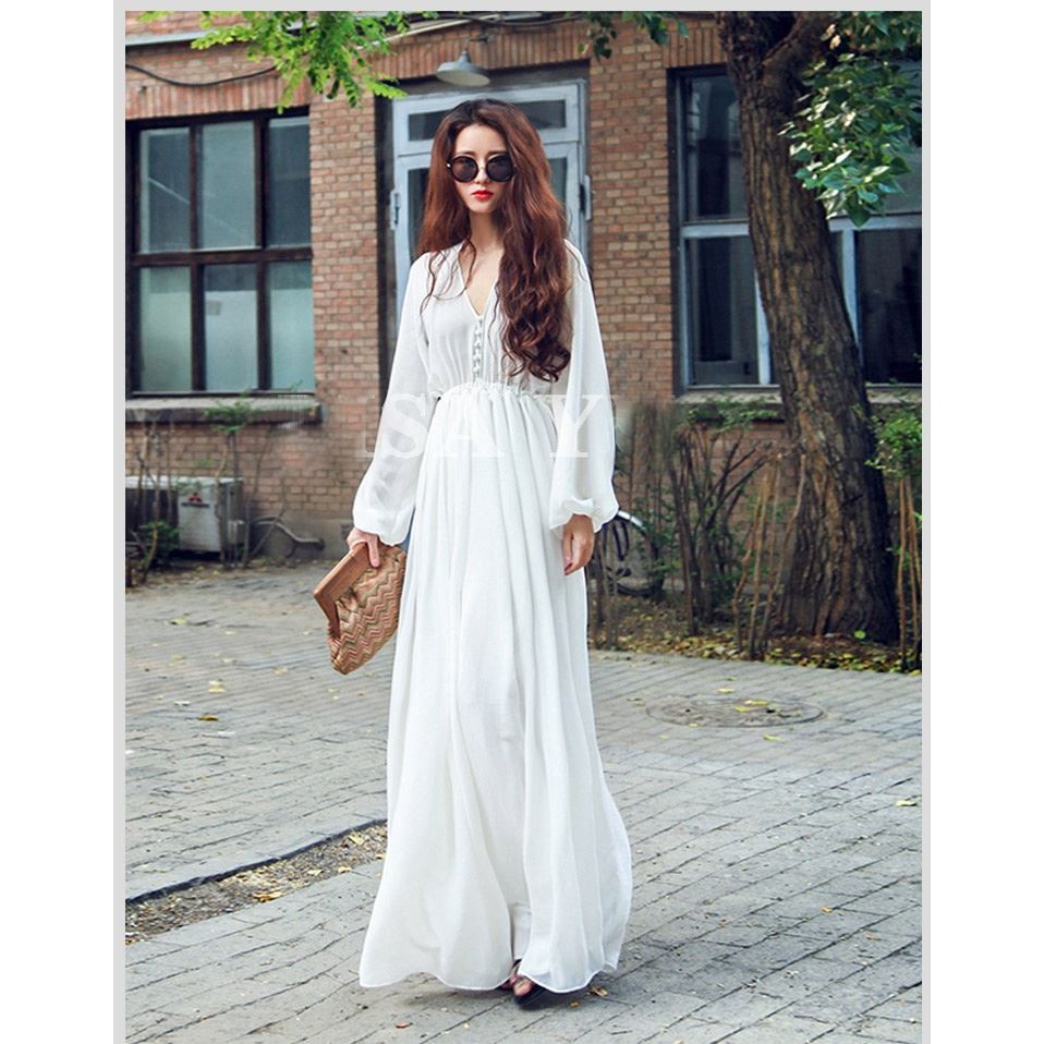 Đầm trắng tay dài cổ chữ V phong cách Bohemian | BigBuy360 - bigbuy360.vn