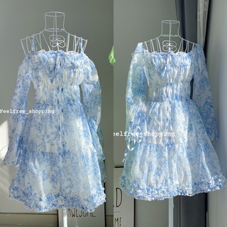 Đầm váy xanh ngắn phồng trễ vai tay dài 2 lớp mặc đi chơi,đi tiệc,du lịch,đi biển (hình thật) D071