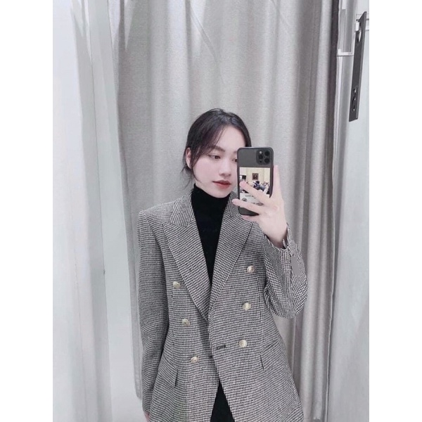 Áo vest kẻ cúc đồng 6 cúc