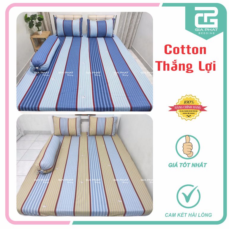 Bộ ga gối Thắng Lợi {4 món}100% Cotton chuẩn logo họa tiết Sọc Chấm