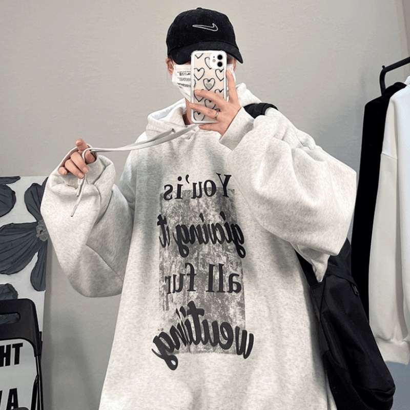 Áo hoodie Dáng Rộng In Chữ Phong Cách hip hop Đường Phố Hàn Quốc Chất Lượng Cao Cỡ M-5XL Cho Nam