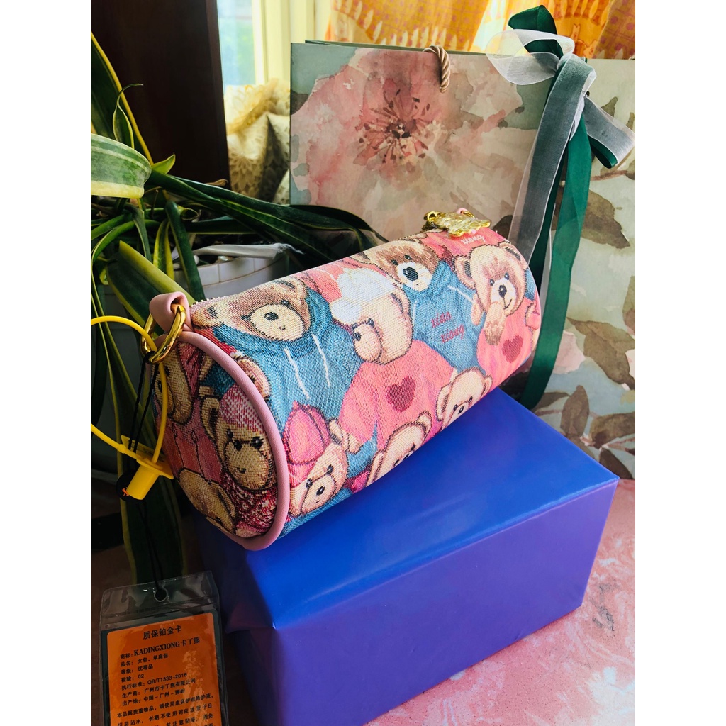 Túi Đeo Chéo Mini Hình Trụ In Họa Tiết Chú Gấu Dễ Thương Thời Trang Cho Nữ