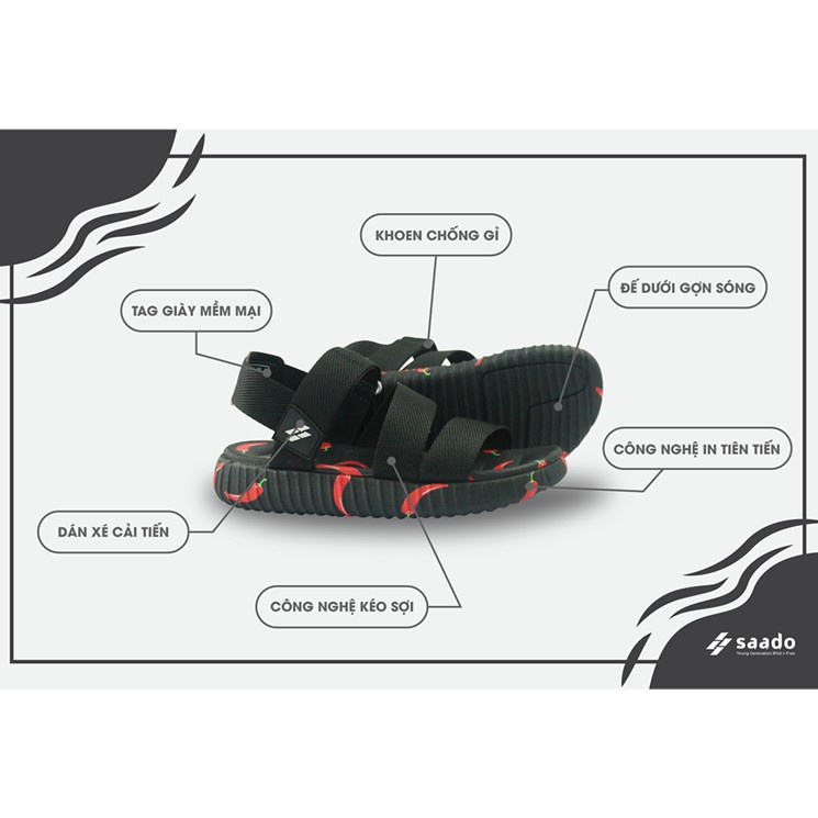 [CHÍNH HÃNG] SANDAL SAADO | SC01 – Yezi Black Chili – Màu Đen Đỏ Họa Tiết Ớt | Giày Sandal Nam Nữ Cao Cấp -new221