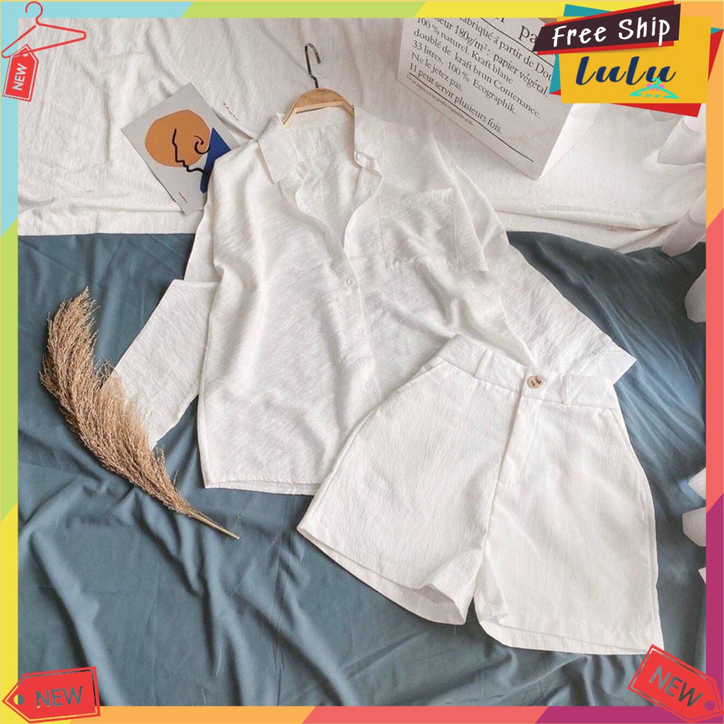 Set bộ sơ mi nữ dài tay mix quần short cotton đũi size S, M, L Lulu Shop | BigBuy360 - bigbuy360.vn