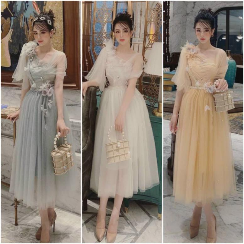 Đầm váy công chúa dự tiệc cách điệu tay áo 1 vai, rớt vai, phối lưới nhũ, kết hoa sang trọng WLI