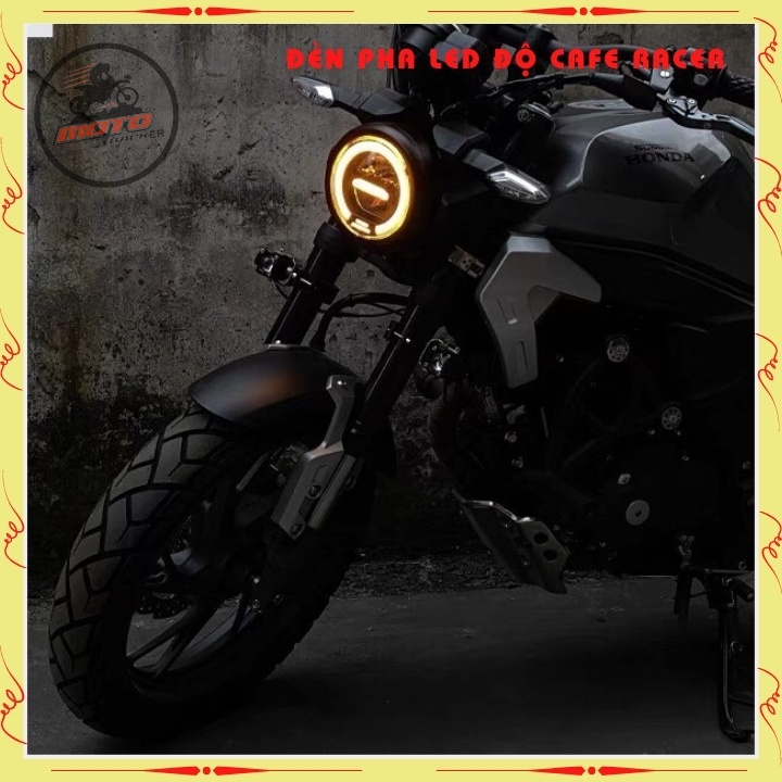Đèn pha led cao cấp , đèn led pha độ xe máy CAFE RACER gáo sắt sơn đen mặt kính trong suốt