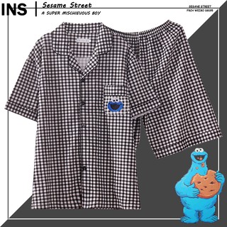 Bộ đồ ngủ tay ngắn vải Cotton mỏng sọc ca rô họa tiết Sesame Street dễ thương cho cặp đôi
