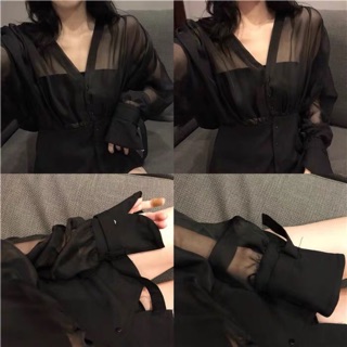 Phối lưới sợi đen Hồng Kông phong cách retro v-cổ áo voan nữ thiết kế