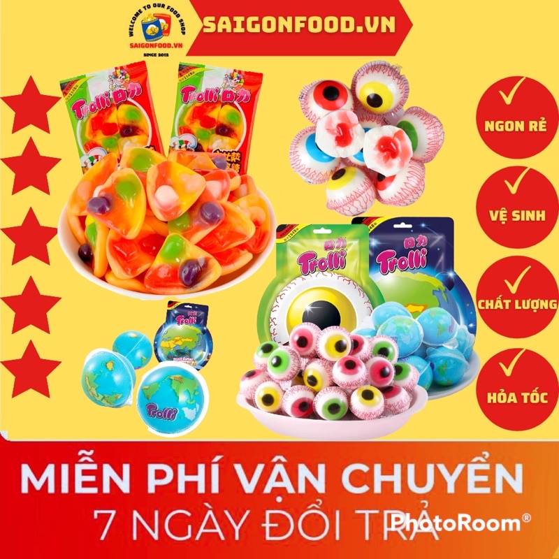 Kẹo Dẻo Trolli - Kẹo Dẻo Trái Cây Nhân Sốt Dâu Hình Con Mắt - Địa Cầu & Pizza Mềm Ngon Ăn Là Ghiền