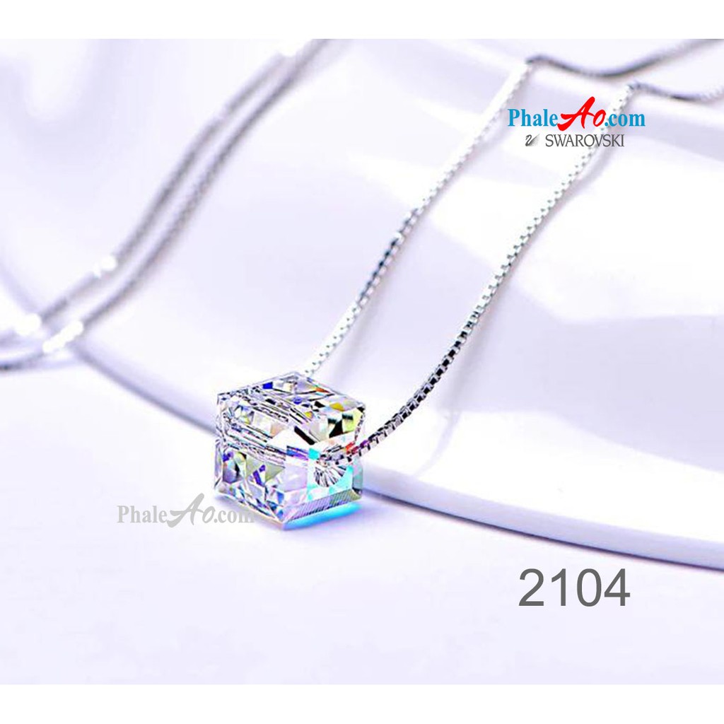 Dây chuyền Swarovski 3 hạt vuông 10, 8, 6ly crystal cube 5601 001AB, bạc 925 - phaleAo