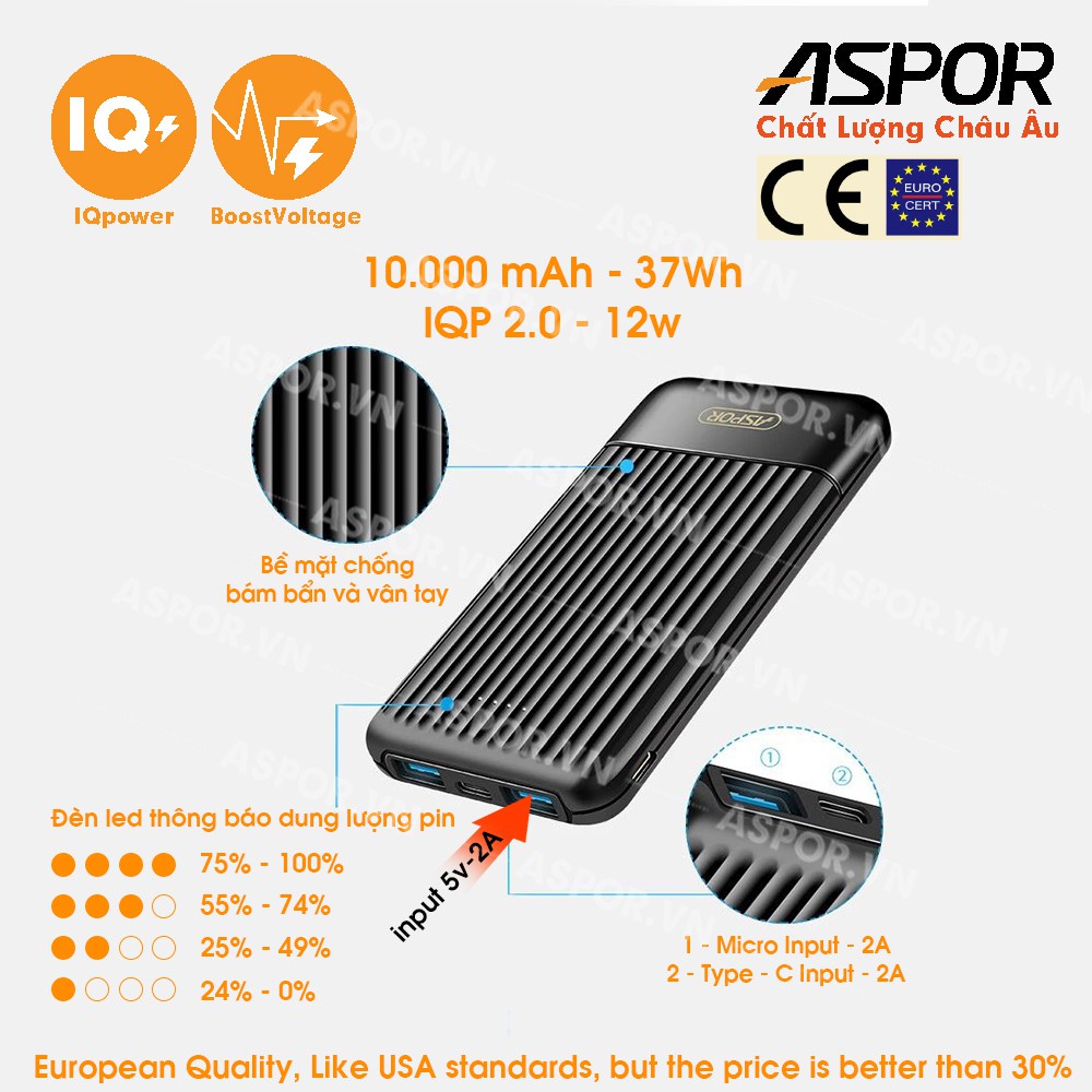 🎁TẶNG DÂY SẠC🎁Sạc dự phòng giá rẻ ASPOR A323 10.000mAH + 2 Cồng Tích hợp sạc nhanh 37W cho Điện Thoại| Tablet| Laptop