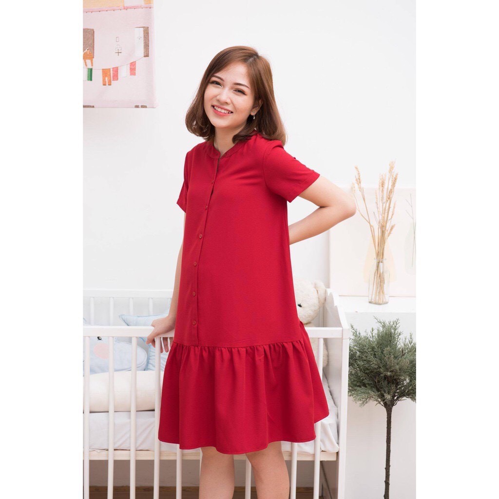 Váy bầu công sở đầm bầu cho bé ti đuôi cá đỏ cúc thật Full size S/M/L