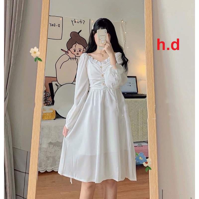 Váy cổ tim 3 cúc ngực Váy 2 lớp lót từ trên cổ  xuống