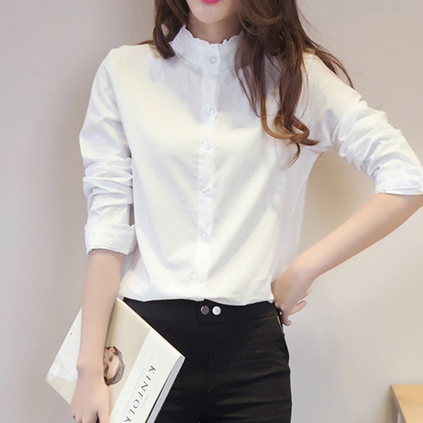 Áo sơ mi nữ công sở, áo sơ mi trắng cổ trụ pha ren cực xinh SM75