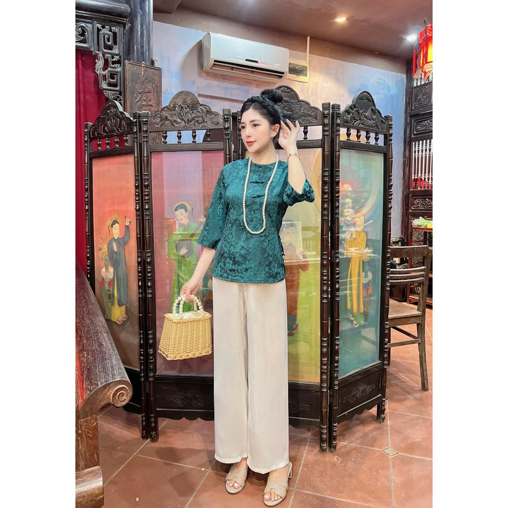 Bộ lam đi chùa nữ cổ tròn khuy chéo thắt nơ Pháp phục đi chùa cao cấp Bộ lễ phục lễ chùa lụa vân hoa, thanh lịch