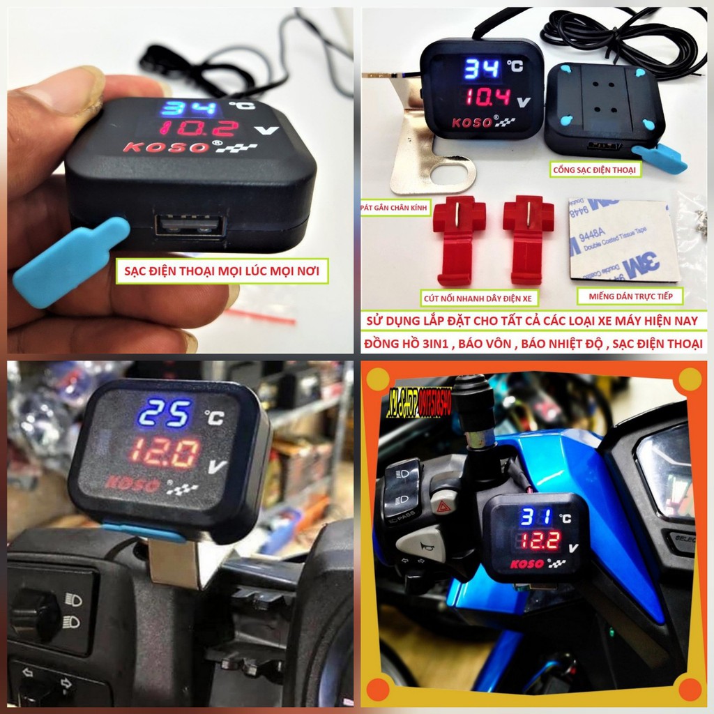 Đồng hồ gắn xe máy KOSO 3in1 báo vôn , sạc điện thoại , báo nhiệt độ mẫu mới cực chất