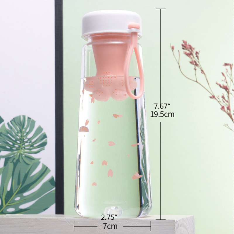 Bình nước in hoa anh đào có đồ lọc trà hình chân mèo bằng nhựa 550ml chống rò rỉ nhỏ gọn dễ thương sáng tạo