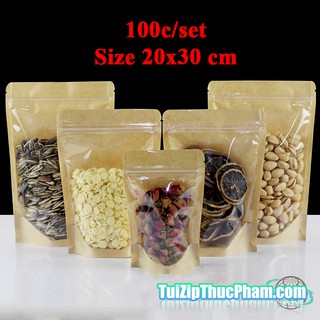 100 cái túi zipper size 20x30cm túi zip giấy kraft vàng 1 mặt trong suốt, túi zipper chất lượng cao, mẫu 04