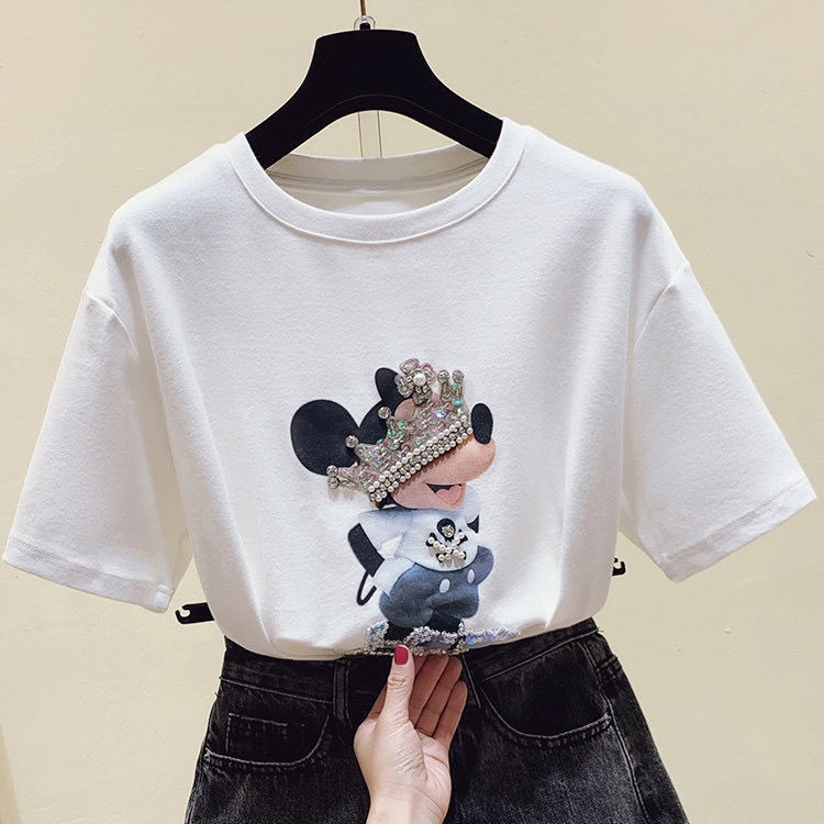 Áo thun cotton dáng rộng họa tiết chuột Mickey dễ thương cho nữ
