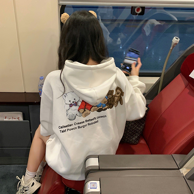 Áo hoodie dài tay dáng rộng in hình giản dị dễ phối đồ thời trang