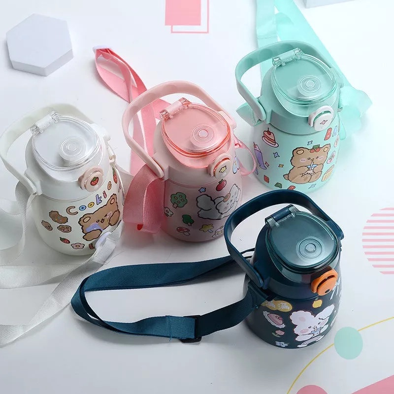 Bình nước bình giữ nhiệt 800ml, bình giữ nhiệt cute có ống hút, inox 304 không rỉ an toàn