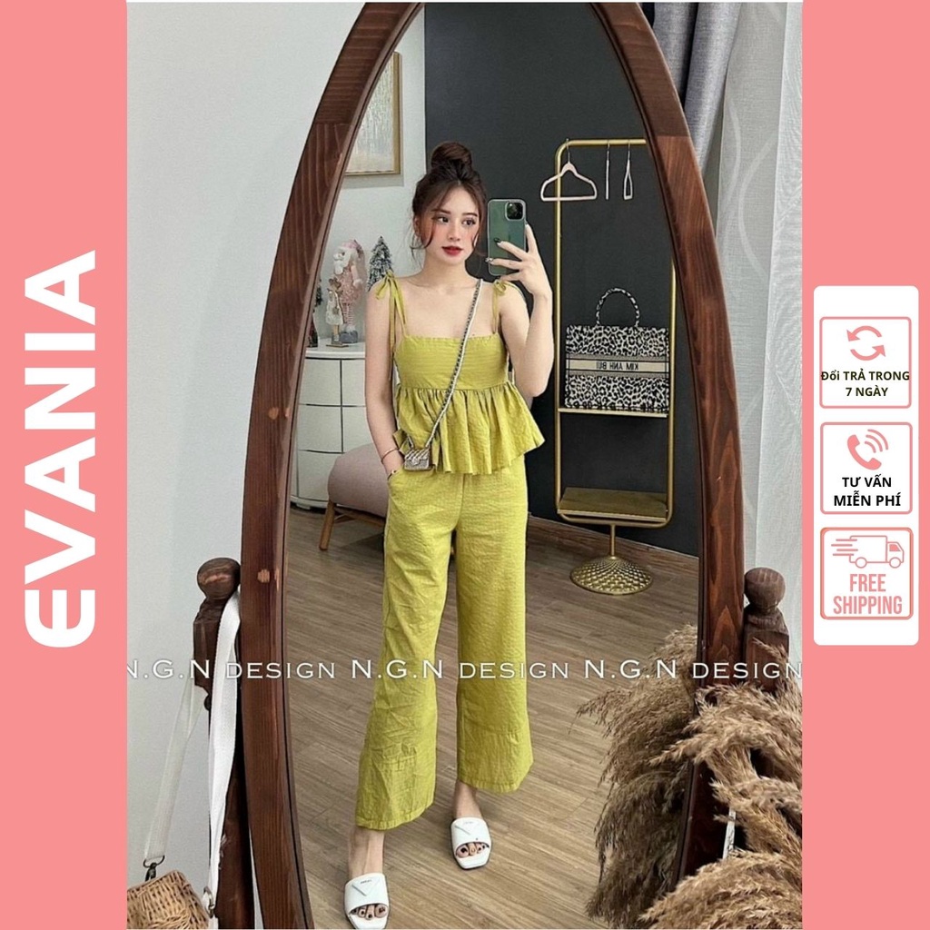 Áo 2 dây bánh bèo EVANIA kèm quần suông nữ dài ống rộng chất liệu vải chéo, áo bò, set áo hai dây cardigan JZA008