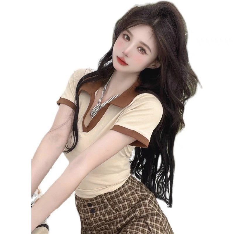 Áo thun croptop cổ bẻ viền màu xinhGB alohashop91