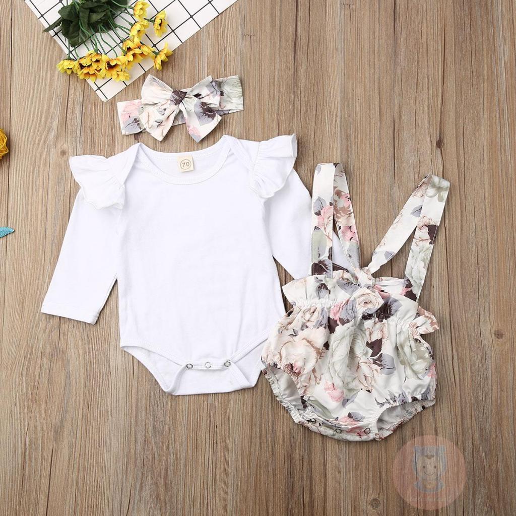 Set Áo Dài Tay Nhún Bèo + Quần Short Yếm In Hoa + Băng Đô Màu Sắc Xinh Xắn Cho Bé Gái LAA6-Girl