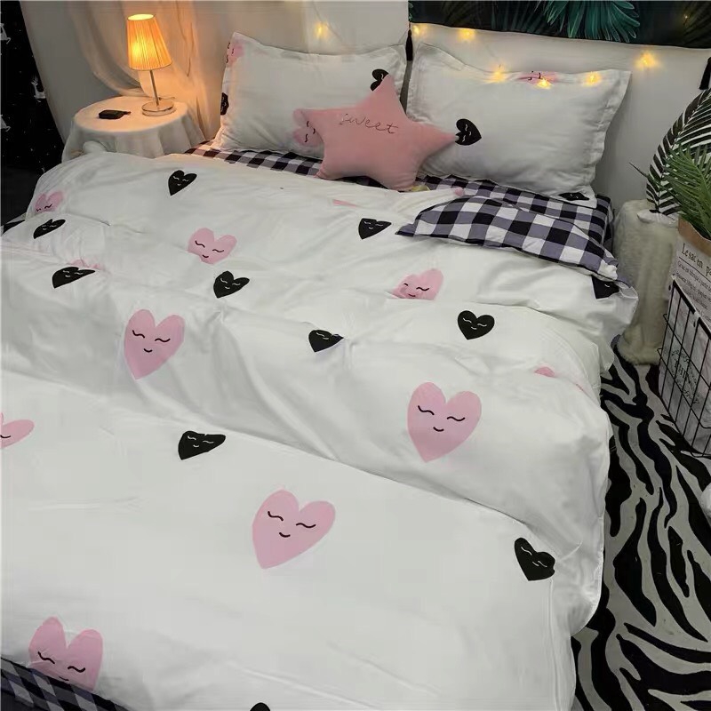 Bộ Vỏ Chăn Ga Gối Cotton Poly Nhập Khẩu - Trái tim nền trắng