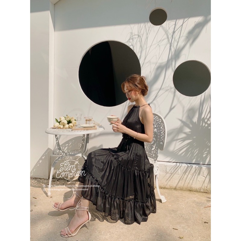 Đầm tơ voan cao cấp, cổ yếm dáng xoè bồng bềnh - Sakura Dress - TẶNG KÈM HOA TRÀ CÀI ÁO