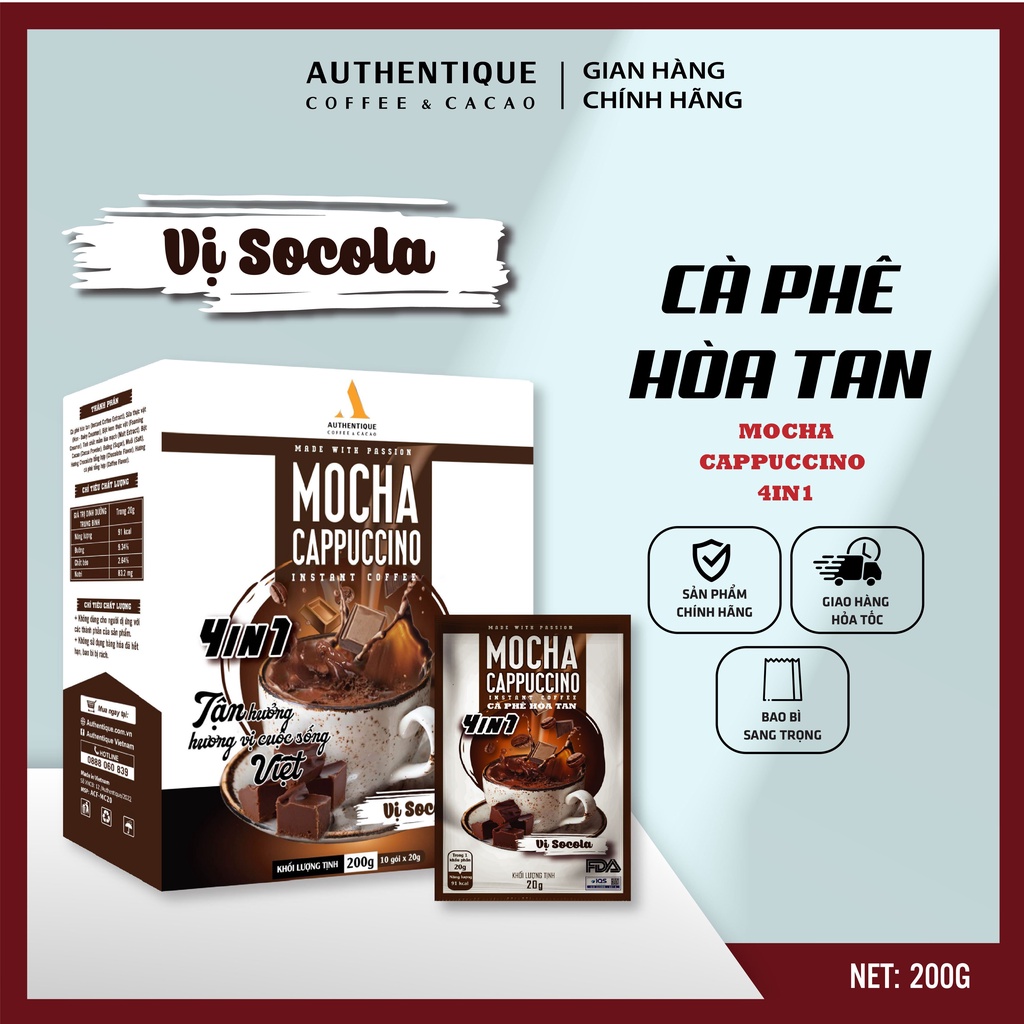 Cà phê pha sẵn hòa tan vị Sô cô la 4in1 (20G x 10Gói) - Mocha Cappuccino Instant Coffee | Authentique Instant Coffee