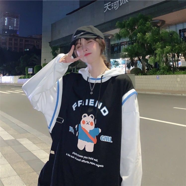 Áo hoodie tay dài giả hai lớp dáng rộng phong cách Hàn Quốc cho nữ