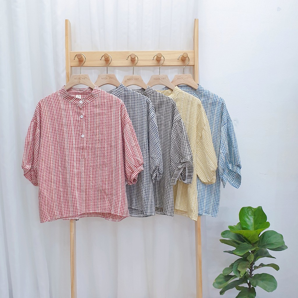 Sơ mi tay lỡ caro nhí cổ tàu bổ 3 cúc 7820