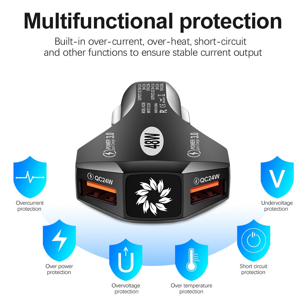 Tẩu Sạc Nhanh 48W QC3.0 2 Cổng Usb Trên Xe Hơi