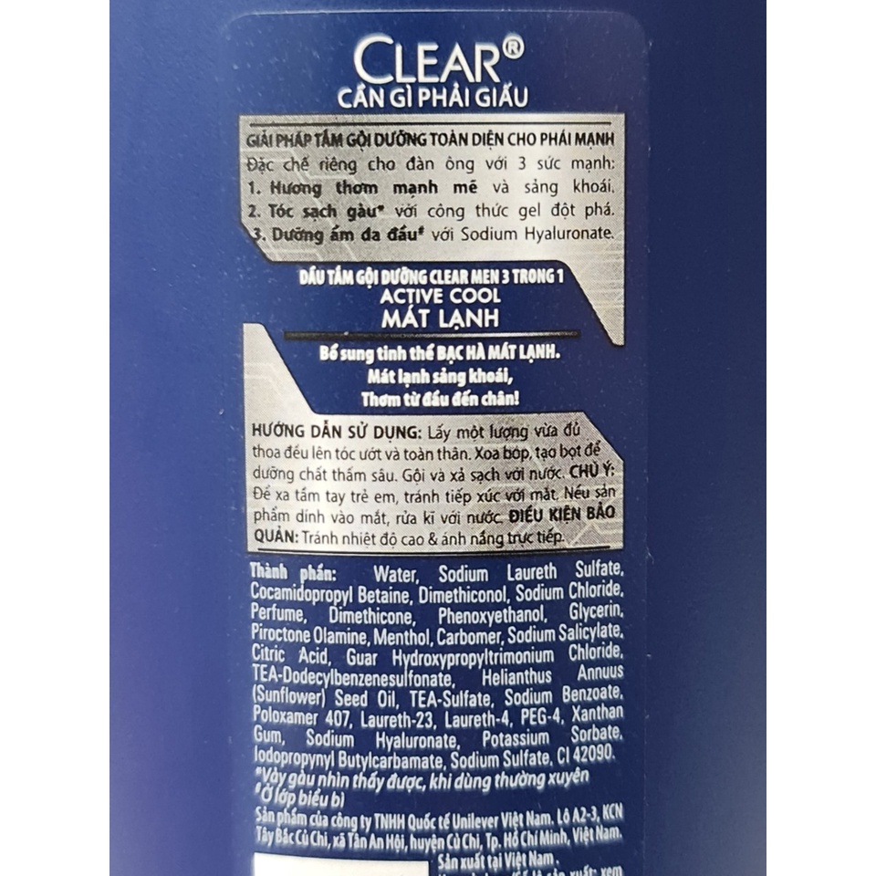 Dầu Tắm Gội Mát Lạnh 3 Trong 1 CLEAR Men Active Cool 630g