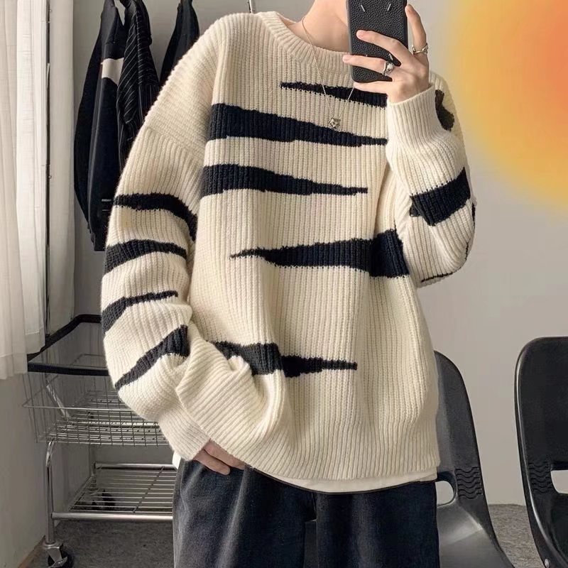Áo sweater tay dài cổ tròn họa tiết kẻ sọc phong cách retro hàn quốc dành cho nam