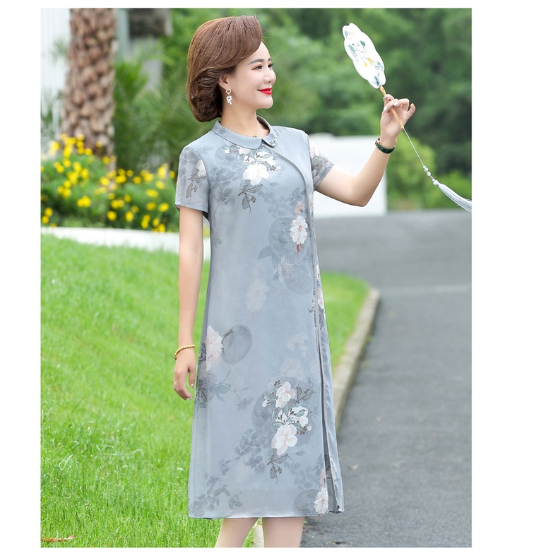 Đầm Sườn Xám Tay Ngắn Chất Liệu Chiffon Thời Trang Mùa Hè Cho Nữ Trung Niên