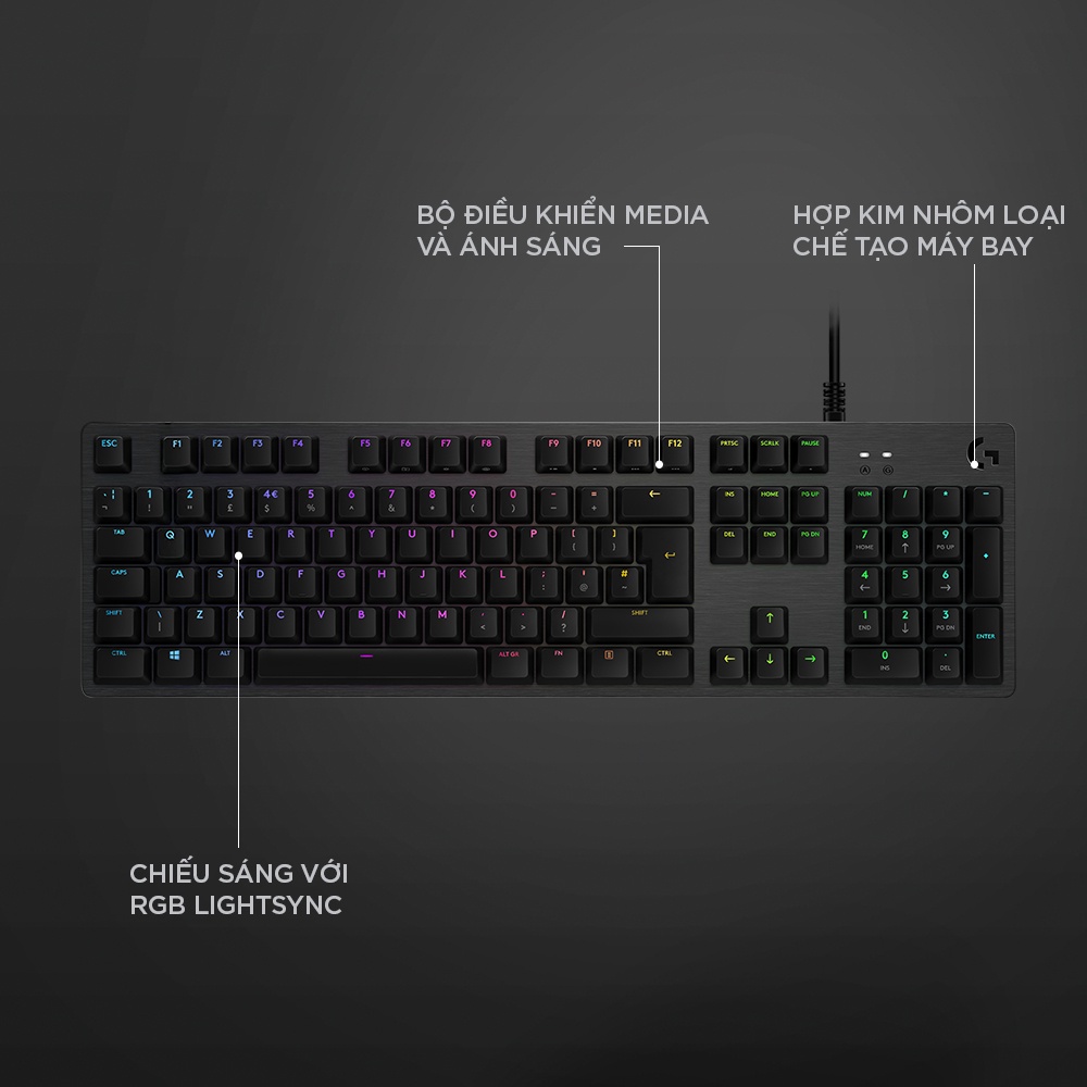 [Mã ELLOGIWL5 giảm 10% đơn 500K] Bàn phím cơ gaming Logitech G512 GX RGB - 3 loại phím cơ GX Switch, cổng USB 2.0