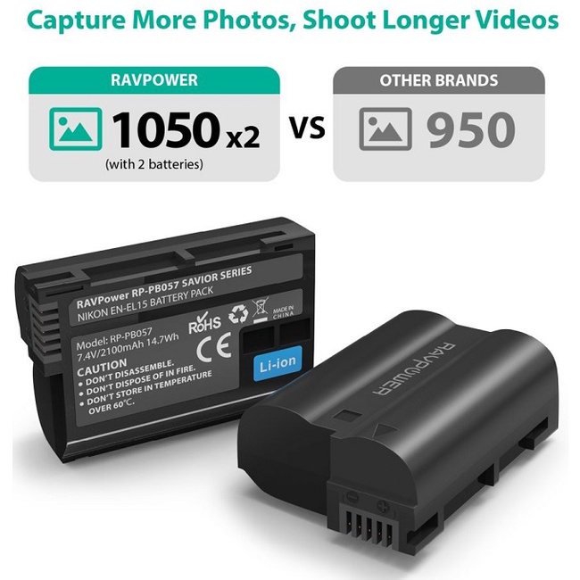 Bộ 2 PIN +1 SẠC ĐÔI Nikon EN-EL15, EN-EL15A Ravpower DÙNG CHO NIKON Z6II, Z7.....