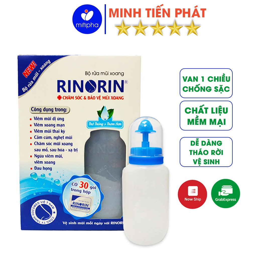 Bình rửa mũi xoang RINORIN kèm 30 gói muối, dùng cho mọi lứa tuổi 250ml - Minh Tiến Phát