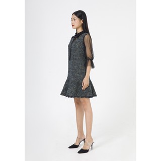De Leah - Đầm Suông Tweed Pha Ren Lưới