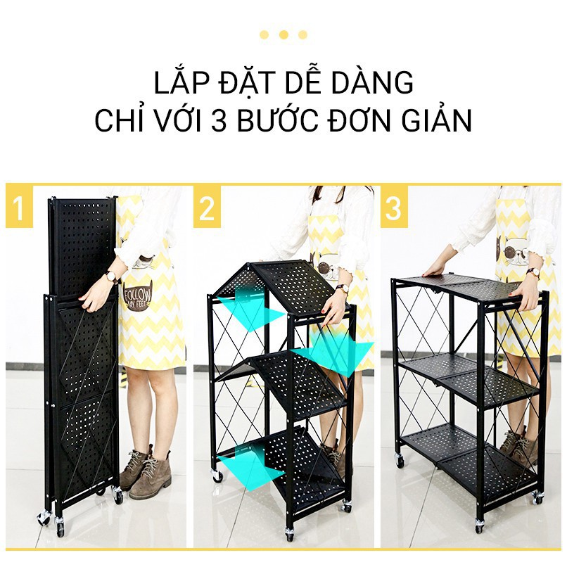 Kệ để đồ nhà bếp chắc chắn, kệ sắt đa năng gấp gọn, chất liệu Inox cao cấp không gỉ, có bánh xe, dễ dàng di chuyển.