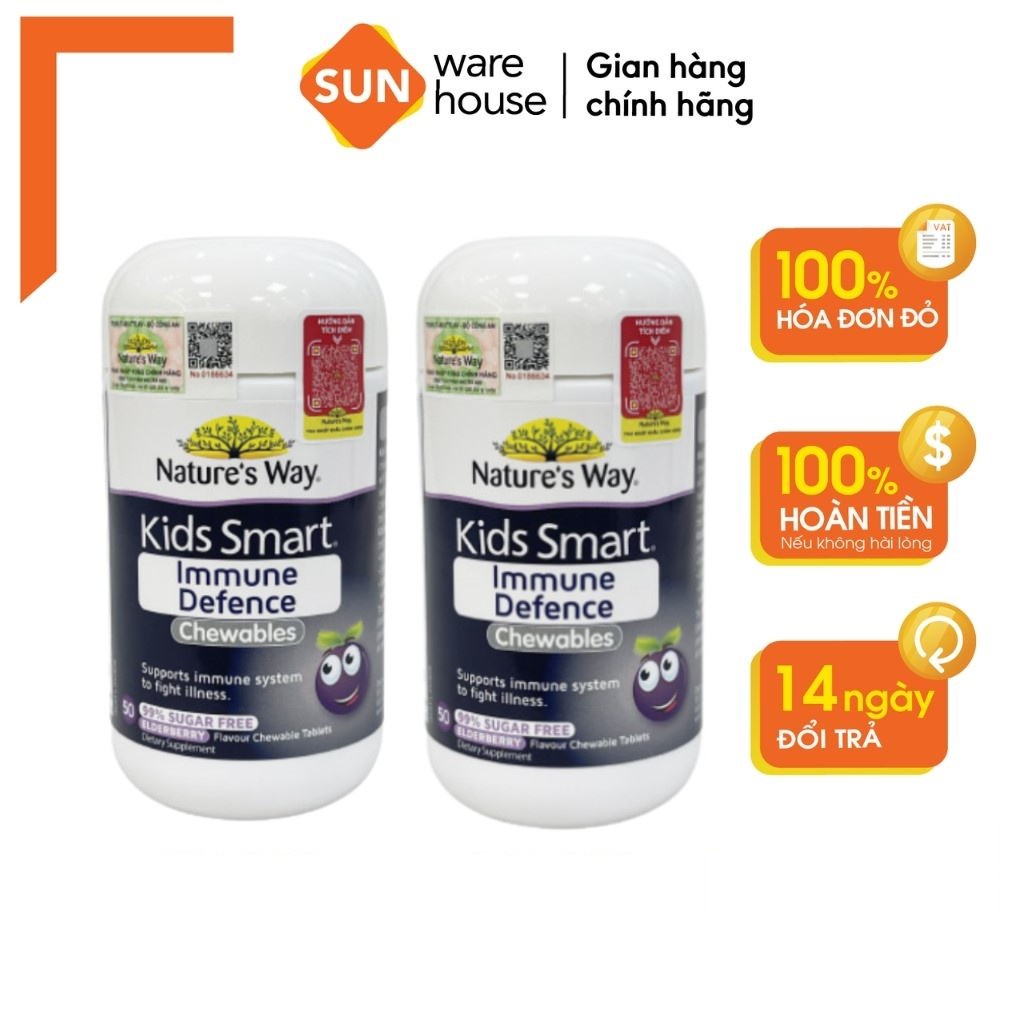 Combo 2 Hộp Viên Nhai Cho Bé Nature’s Way Kids Smart Immune Defence Chewables Tăng Cường Miễn Dịch 50 Viên/hộp