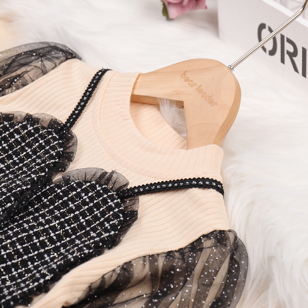 BEAR LEADER Đầm Lưới Tay Dài Giả Hai Mảnh Thời Trang Thu Đông Dành Cho Bé Gái 3-7 Tuổi