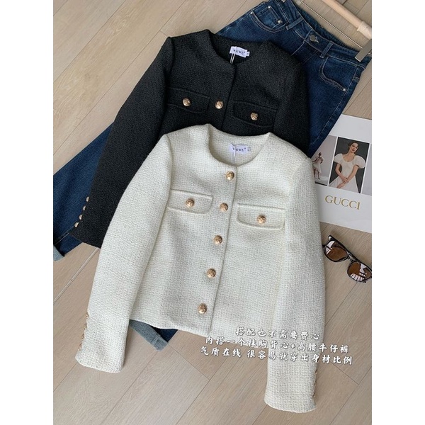Áo khoác nữ thu đông dạ tweed đính cúc cổ tròn có lót Hàn Quốc