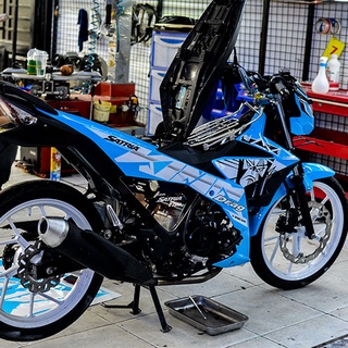 Tem Rời Suzuki Satria King Drag Xám Đen Dán Xe Xanh Da Trời