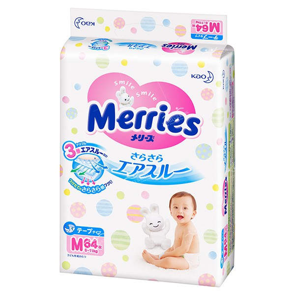 Tã dán Merries size M_64miếng - Cho trẻ từ 6-11 kg